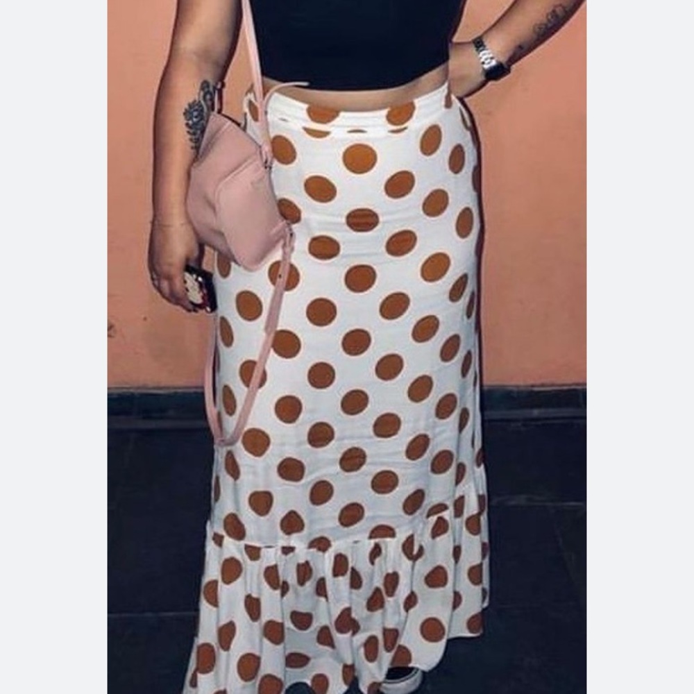 Forever 21 White Maxi Skirt with Brown Polka Dots